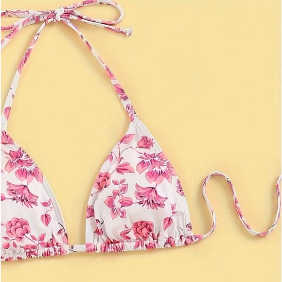 3pc Pink Floral Halter Triangle High Cut Bikini Set with Cover Up - Picture 2 of 6